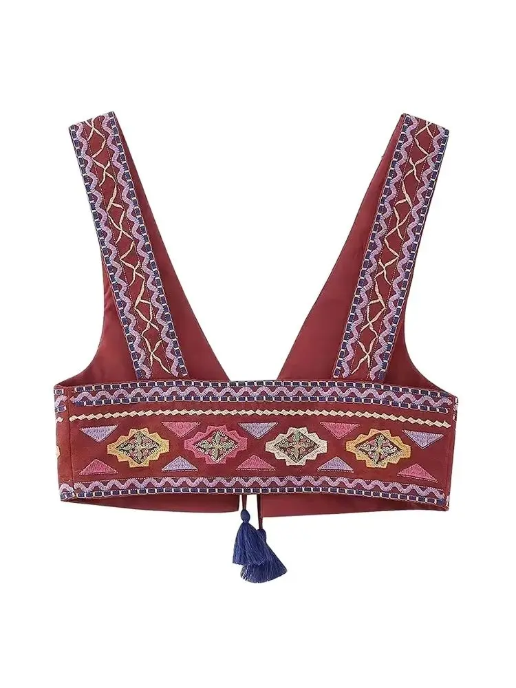 TRZA Vrouwen Mode Met Stropdas Kwastje Geborduurde Crop Tank Tops Sexy V-hals Brede Bandjes Vrouwelijke Vest Chic Vest Tops