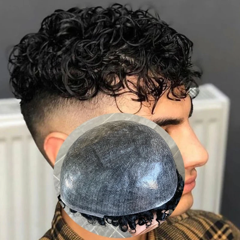 

26 мм свободные вьющиеся мужские натуральные черные, коричневые, серые 100% человеческие волосы, полная тонкая кожа, замена парика из искусственной кожи, прочный капиллярный протез