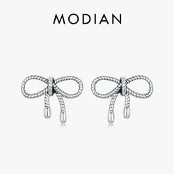 MODIAN 925 Sterling Silver Exquisite Vintage Texture Bowknot Retro Stud Earrings For Women Daily OL Fine Jewelry