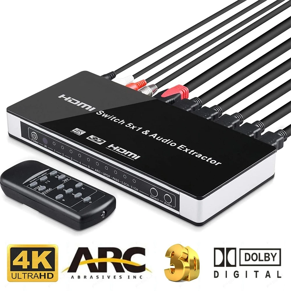 4K 5x1 HDMI Switch with Audio Extractor HDMI ARC Switcher 5 in 1 out Video Audio Selector with Optical SPDIF R/L Audio output