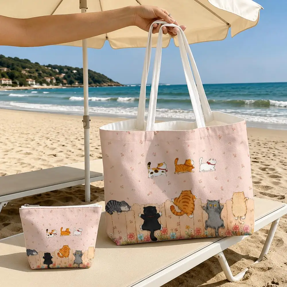 Cat-Themed Makeup Storage Bags 2-Piece Women's Canvas Zipper Large Capacity Reusable Daily Commute Shopping&Gift