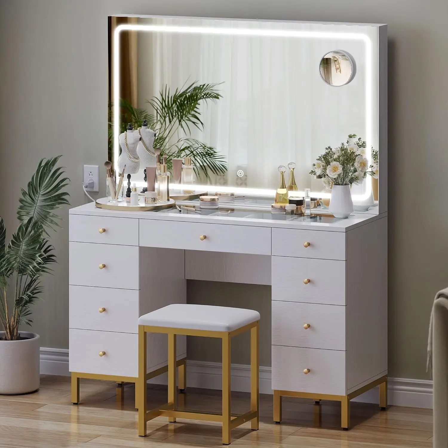 Large White Makeup Vanity Set with LED Mirror & Charger Station, Vanity with Adjustable 3 Color Lighting Modes and 9 Drawers