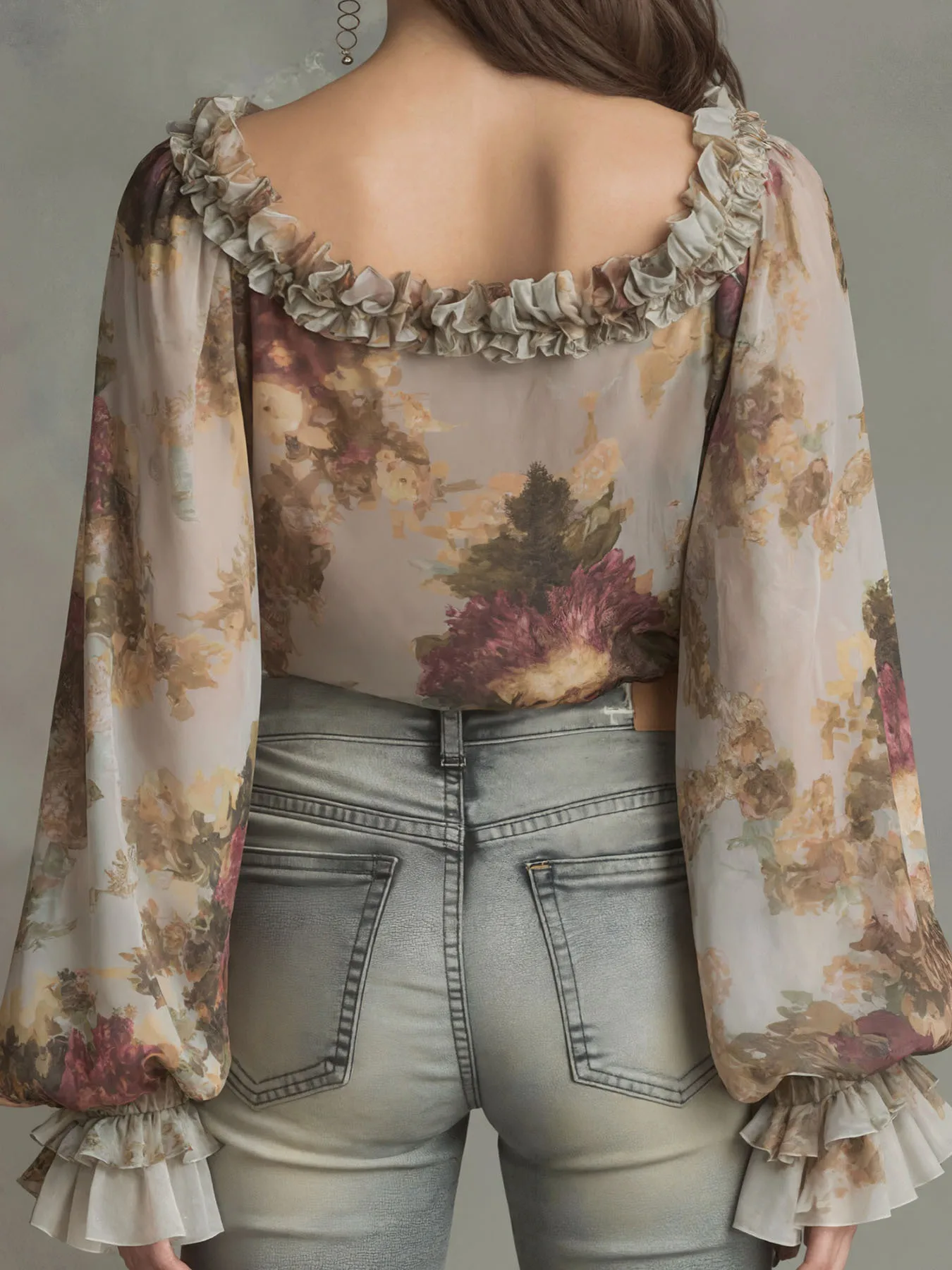 Women Plus Size Floral Chiffon Blouse V Neck Ruffled Long Flare Sleeve Sheer Front Bow Tie Vintage Printed Casual Elegant Shirt