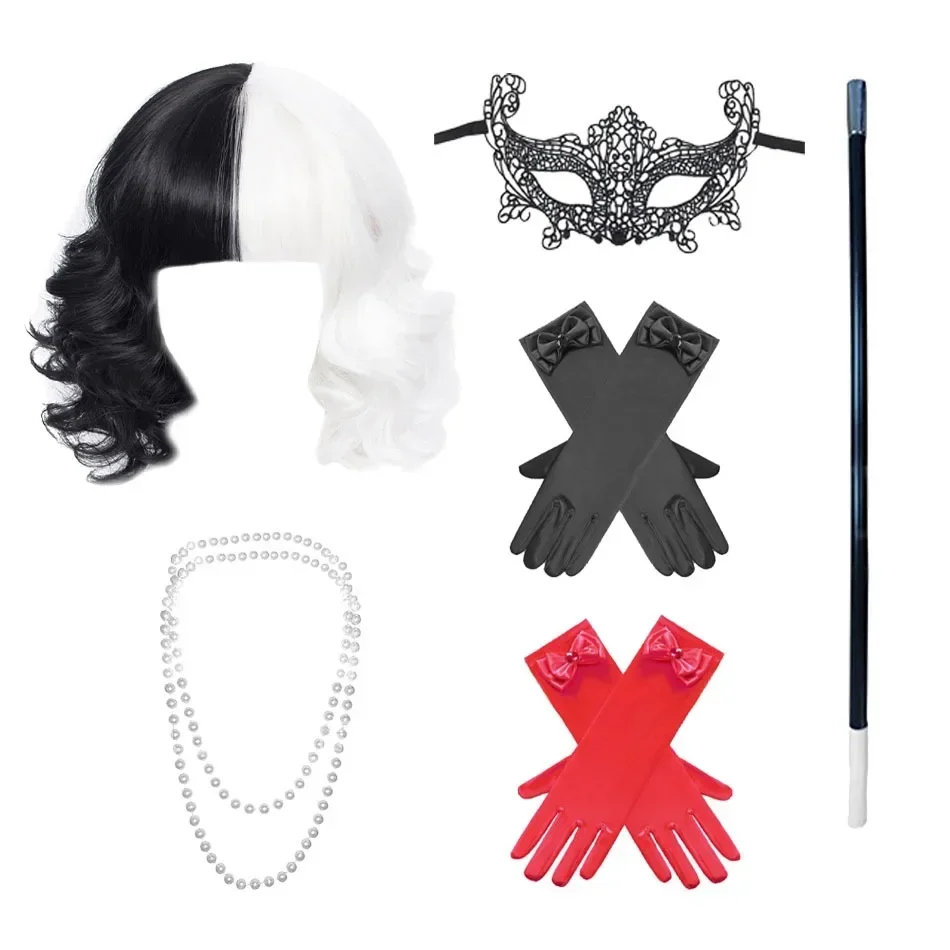 

Anime Cruella de Vil Cosplay Wig Props Cruly Half Black And Half White Heat Resistant Hair Wigs Mask Gloves Necklace + Wig