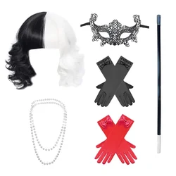 Anime Cruella de Vil Cosplay Wig Props Cruly Half Black And Half White Heat Resistant Hair Wigs Mask Gloves Necklace + Wig