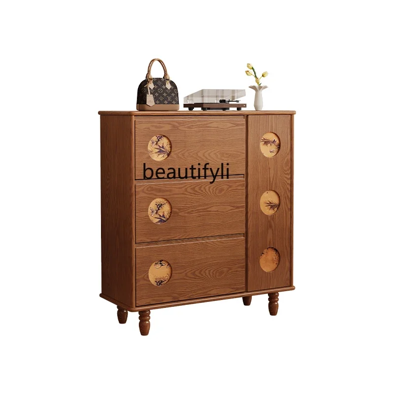 

Medieval style solid wood shoe cabinet integrated against the wall French retro style ash wood tipping bucket storage cabinet