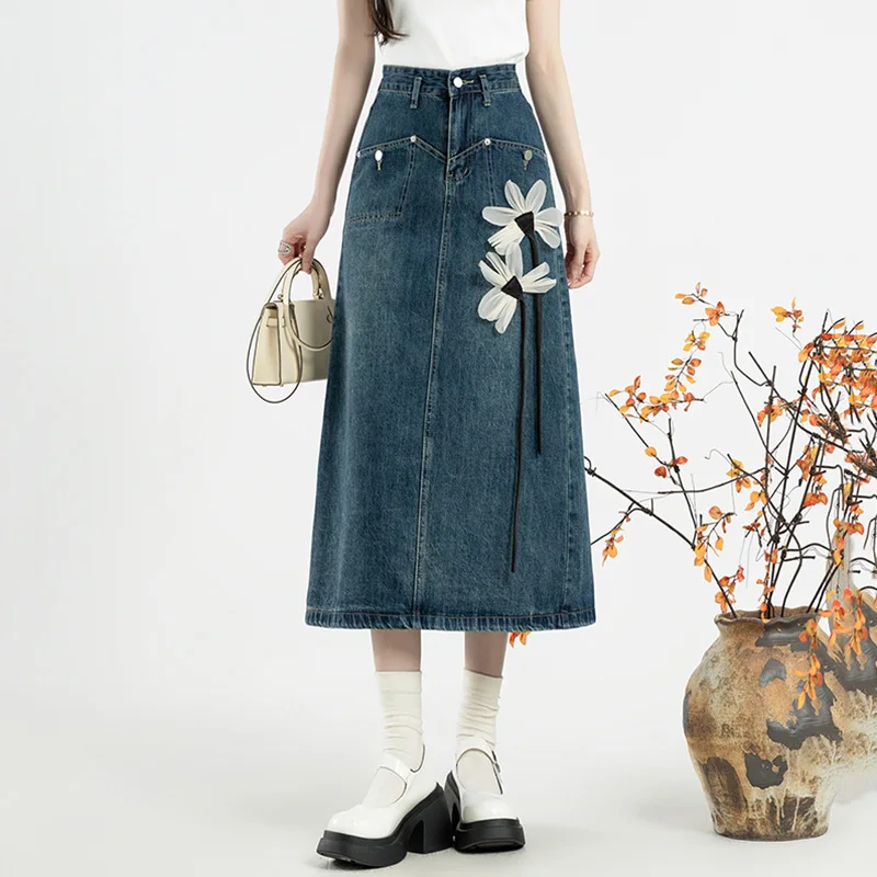 New Women Chinese Style Denim Skirt Summer Fashion Flower Decoration High Waist A-Line Long Skirt Casual Loose Mid-Calf Skirt