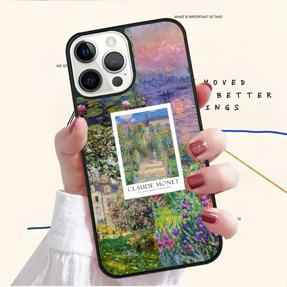 حافظة هاتف C-Claude Monet Art لهاتف 11 12 13 14 15 16Pro Max mini Plus غطاء هاتف مرآة بلوري