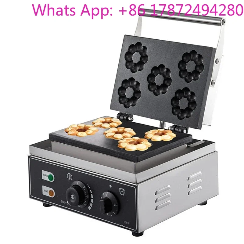 Máquina comercial eléctrica de cinco rejillas para gofres de flor de ciruelo, otros aperitivos, donuts, tostadas y gofres de burbujas