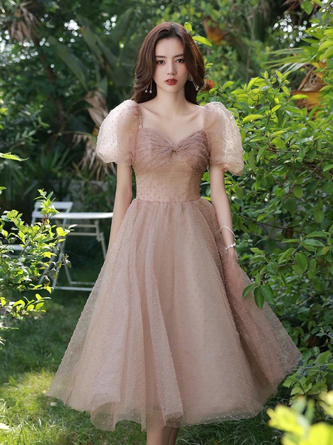 Women s Prom Dress Puff Sleeve Sweetheart Collar Mid length Party Dresses Simple Female Tulle A line Gowns Prom Dresses AliExpress