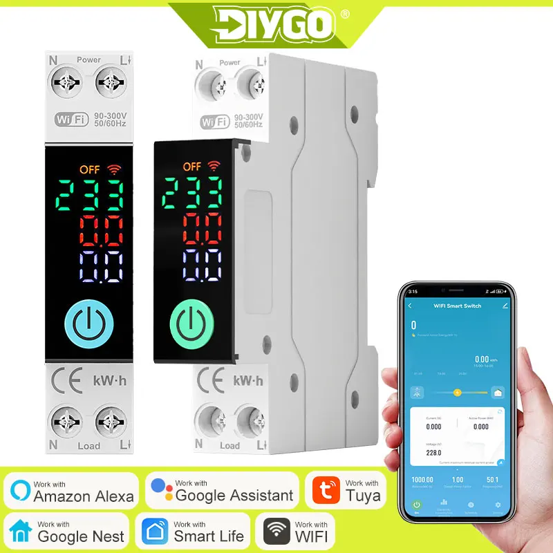 DIY GO 1P+N 1-63A TUYA WIFI Smart Switch kWh Metering Circuit Breaker Timer with Voltage Current Protection Recloser Prepaid