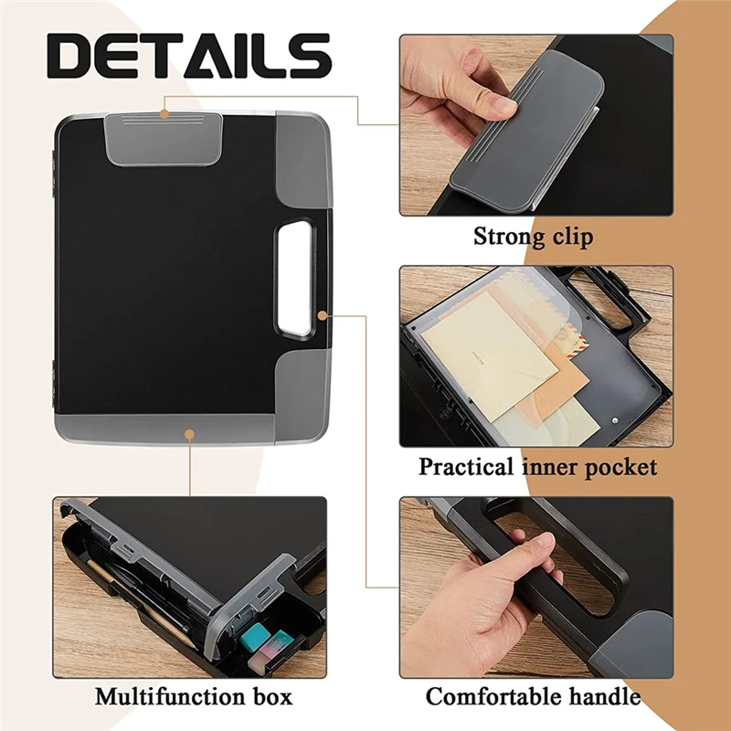 Prancheta preta eficiente com armazenamento, caixa de armazenamento de prancheta de plástico com alça, pasta de construção de armazenamento 14,4x12,1x2,44 polegadas
