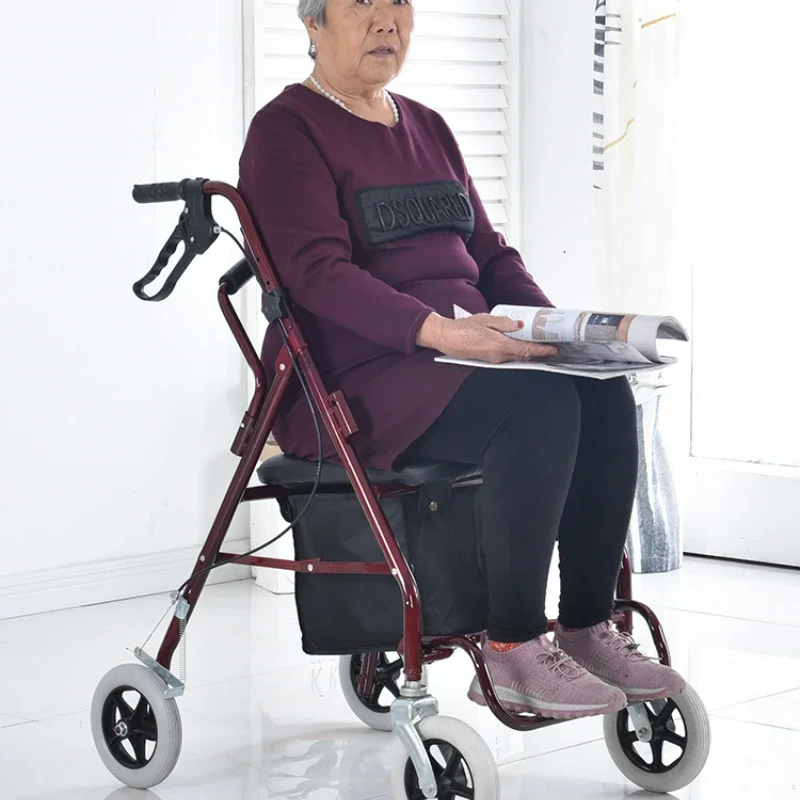 Aluminum Alloy Elderly Shopping Handcart, Push-and-Sit Capability, Four-Wheel Foldable Cart, Seating Mobility Walker