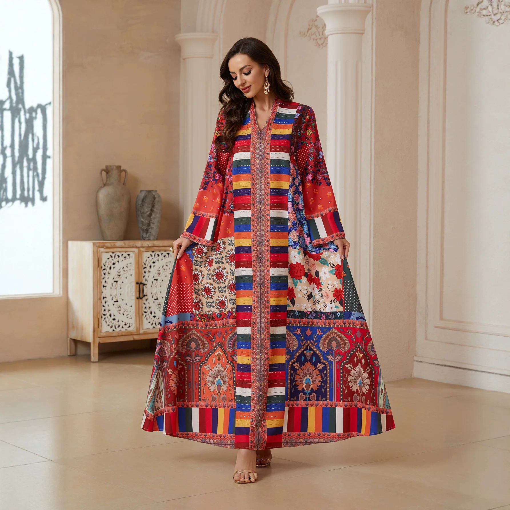 

Eid Women Dress Abaya Print Kaftan Party Dresses Jalabiya Diamonds Ramadan Vestidos Arab Long Robe Morocco Muslim Dubai Abayas