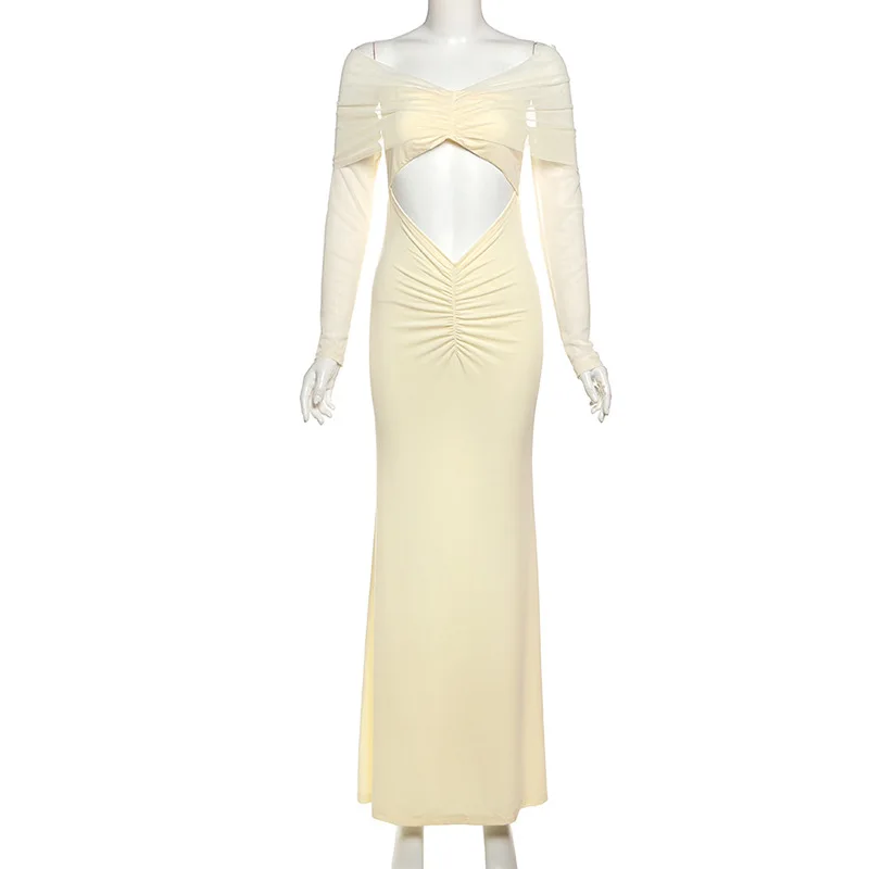 Robe longue de soirée élégante et Sexy, maille transparente, Patchwork, froncée, moulante, col en V, épaules dénudées, manches longues, creuse, vacances