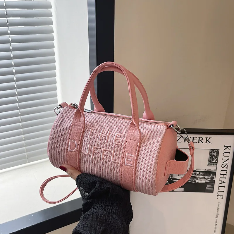 2025 Nuova borsa tote in paglia intrecciata da donna, grande borsa shopper in tela con stampa di lettere, borsa a tracolla alla moda per viaggi in spiaggia