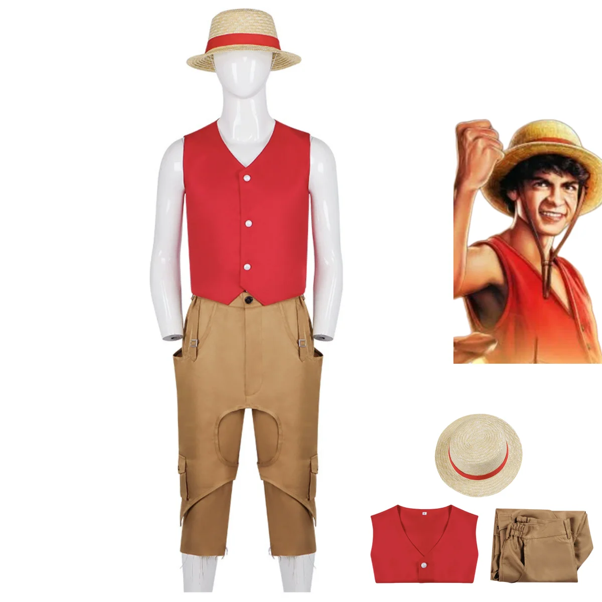 

Anime Movies Monkey D. Luffy Cosplay Costume Straw Hat Boy Red Vest Top Uniform Hat Adult Man Woman Halloween Christmas Suit