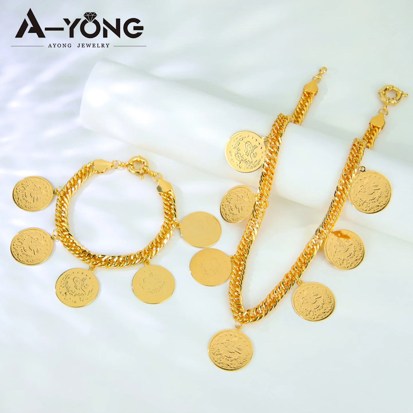 Turkish Gold Plated Coins Jewelry Set 21k Gold Color Arabic Fashion Cuban Necklace Bracelet Dubai Women Bridal Wedding Jewelrys