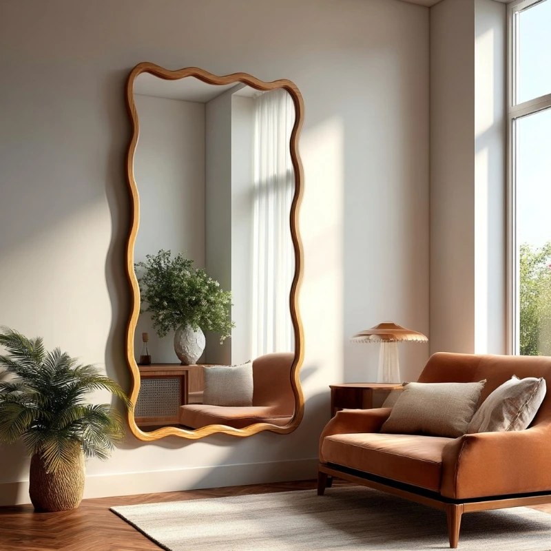 Solid wood bedroom retro wavy full-length mirror medium antique special-shaped full-body vanity mirror
