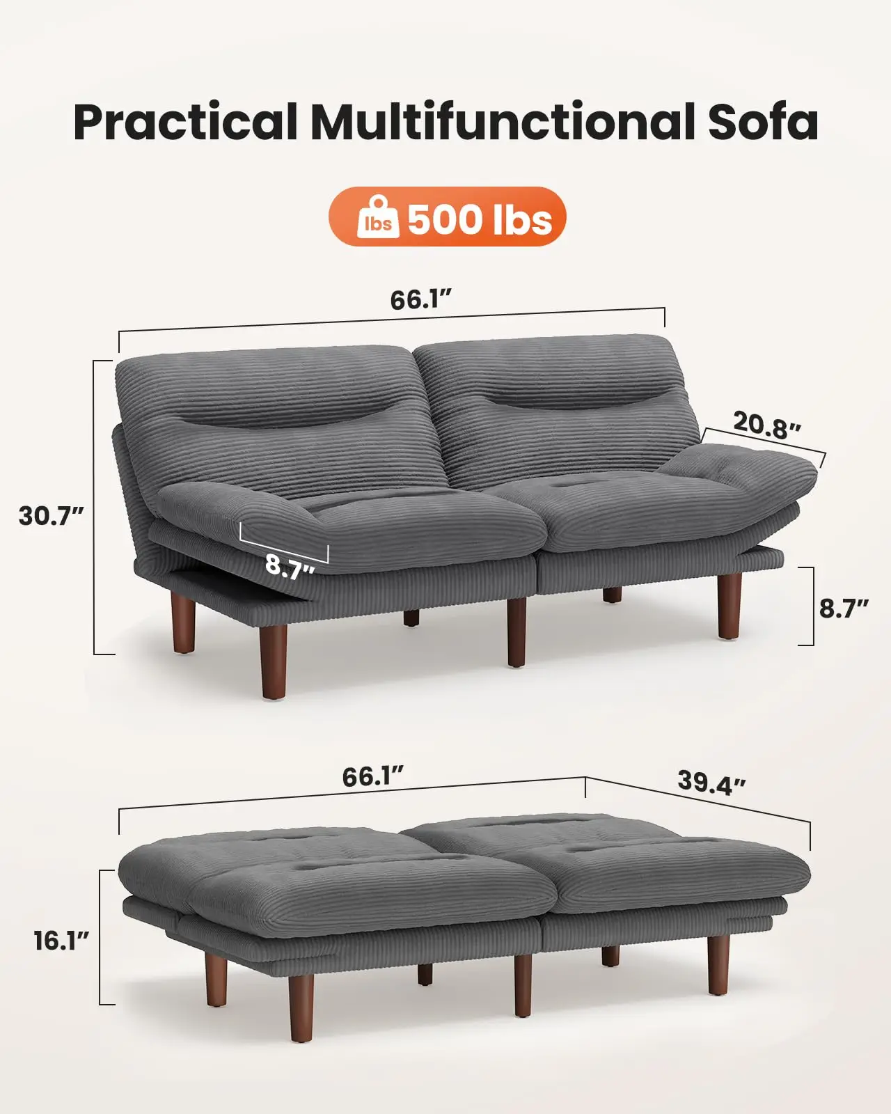 Amada Convertible Corduroy Futon Sofa Bed, 66 inch, Gray