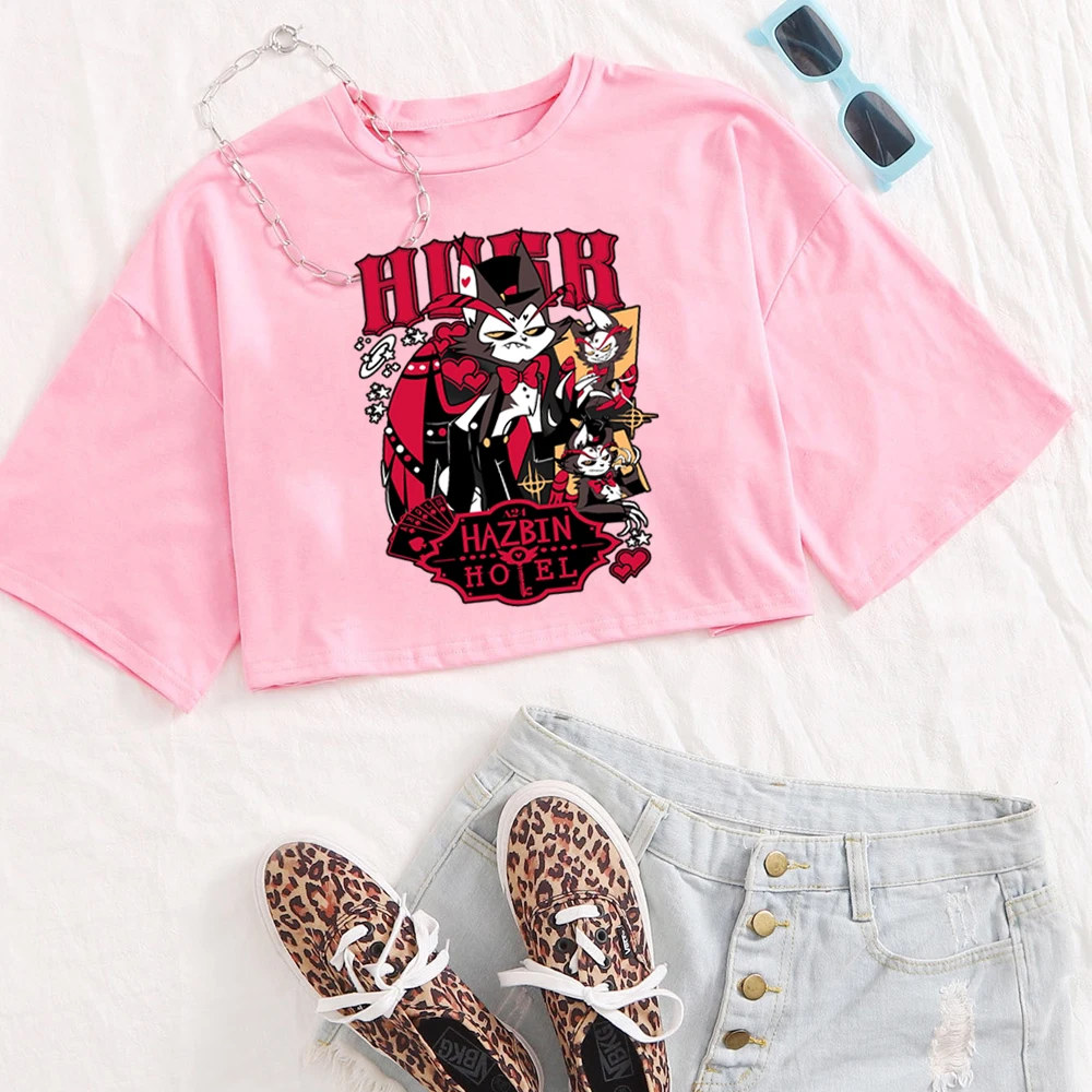 Koszulka Hazbin Hotel Husk Damska Krótki Rękaw Okrągły Dekolt Krótki Top T-shirt