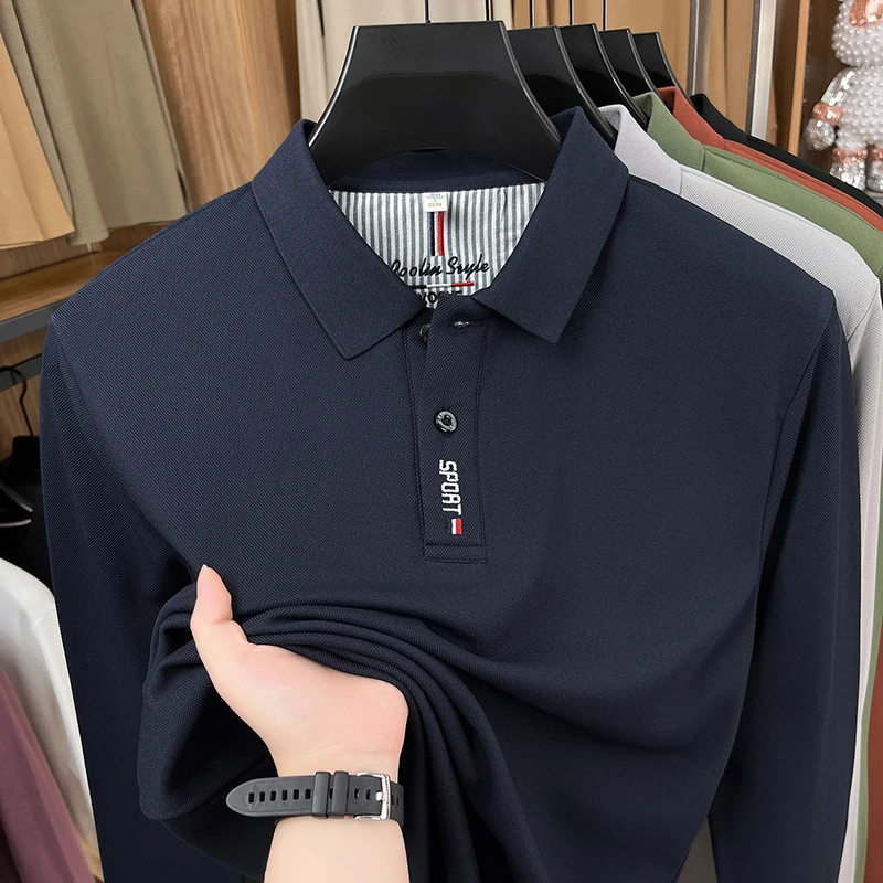 Hochwertiges Designer-Polohemd, Neuheit für Frühling und Herbst, einfarbig, wärmend, langärmelig, mit Kragen, exquisites modisches Herrenoberteil – Detail 8