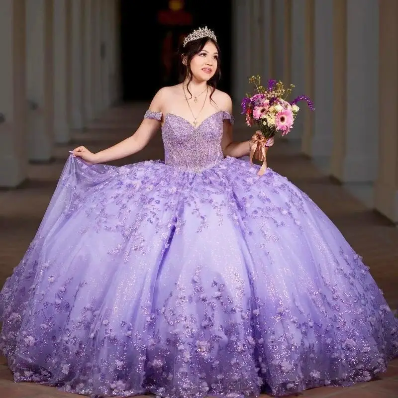 Lavender Shiny Princess Quinceanera Dresses Ball Gown Sequins Applique Lace Flower Beads Tull Mexico Sweet 16 Dress Vestidos De