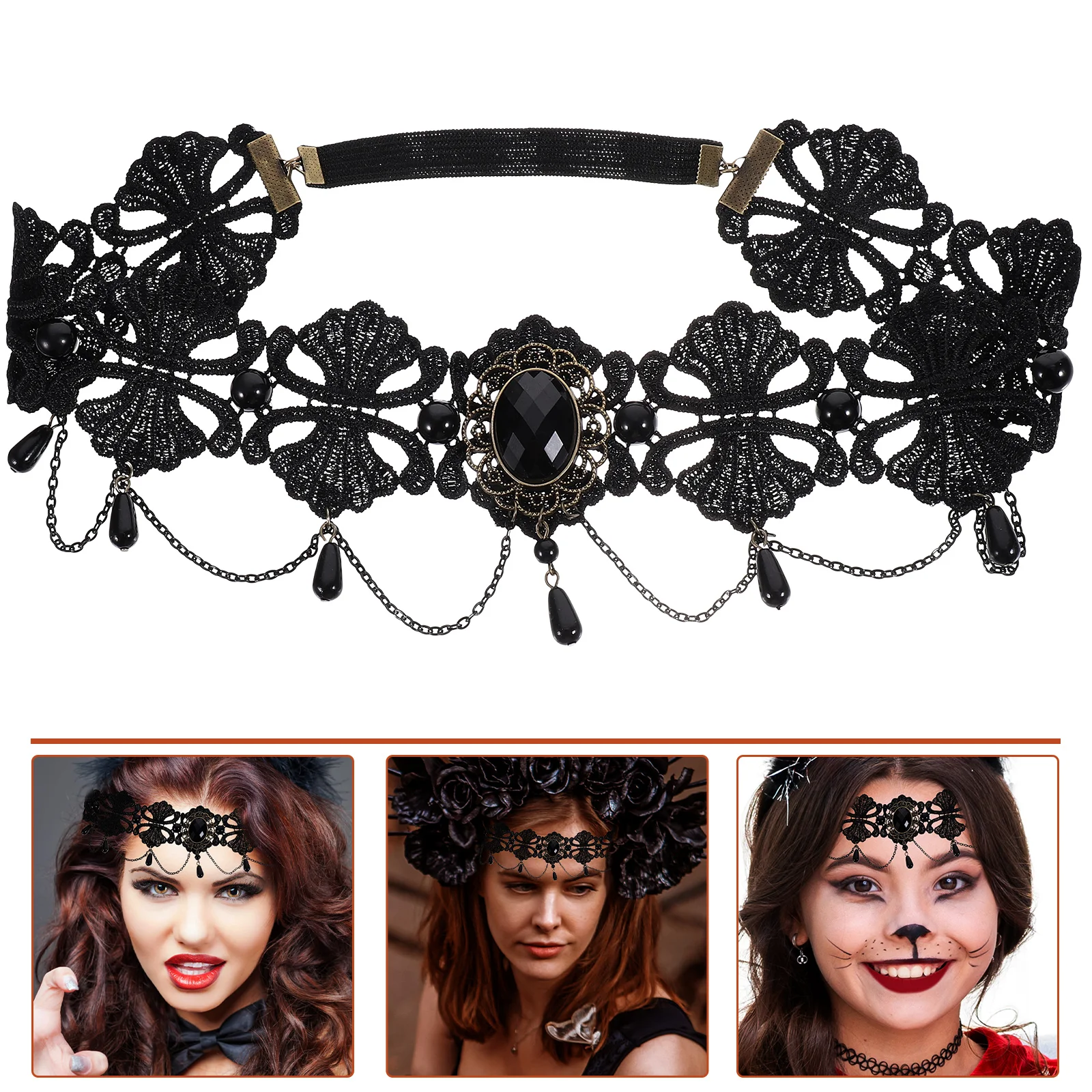 

Queen Forehead Band Halloween Headwear Elastic Lace Headband Dress-Up Accessory for Masquerade Costume Party Cosplay Hair Band