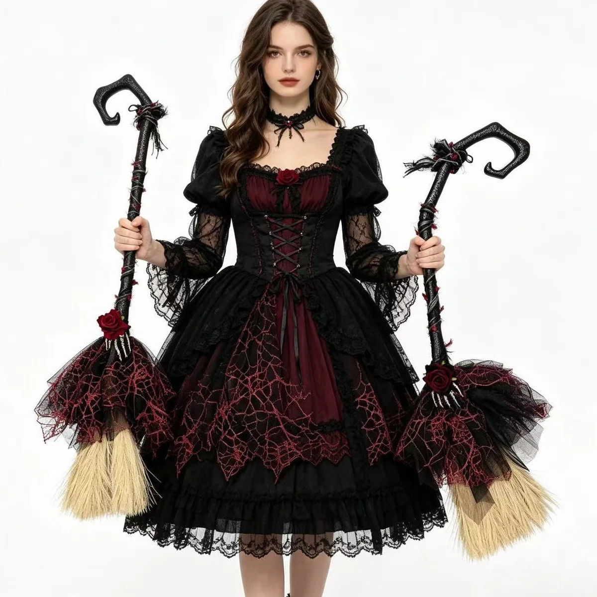 Gothic Witch Broom Cosplay Red Rose Witches Decor Magic Wand Halloween Carnival Dress Up Party Costume Props 2