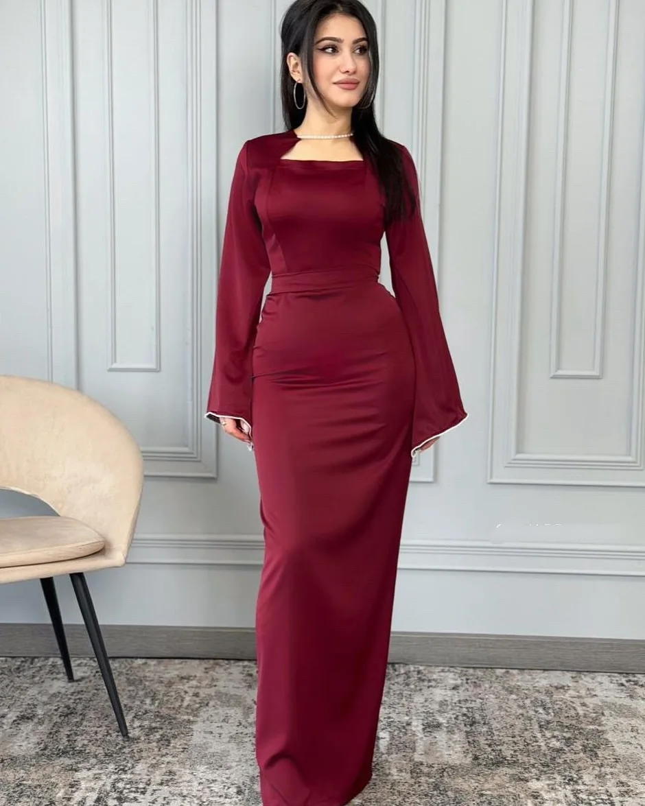

Customized Graceful Square Pearls Collar Evening Dress Temperament Straight Celebrity Gowns Classic Long Sleeves Party Dress