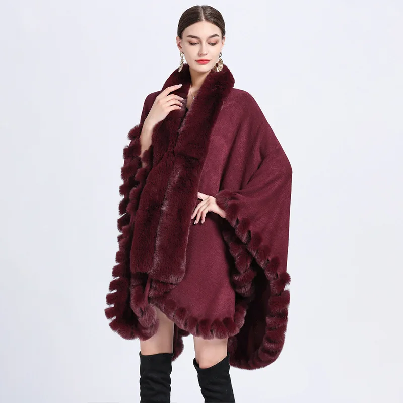 Warm Rex Rabbit Fur Collar Ponchos Women\'s Cashmere Loose Cosplay Overcoat Cape Shawl Woolen Large Size Cloak