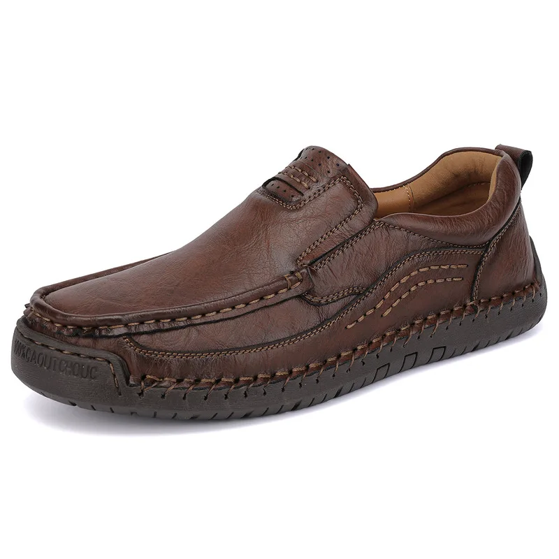 Hand-stitched men's shoes, outdoor casual slip-on leather shoes, low-top