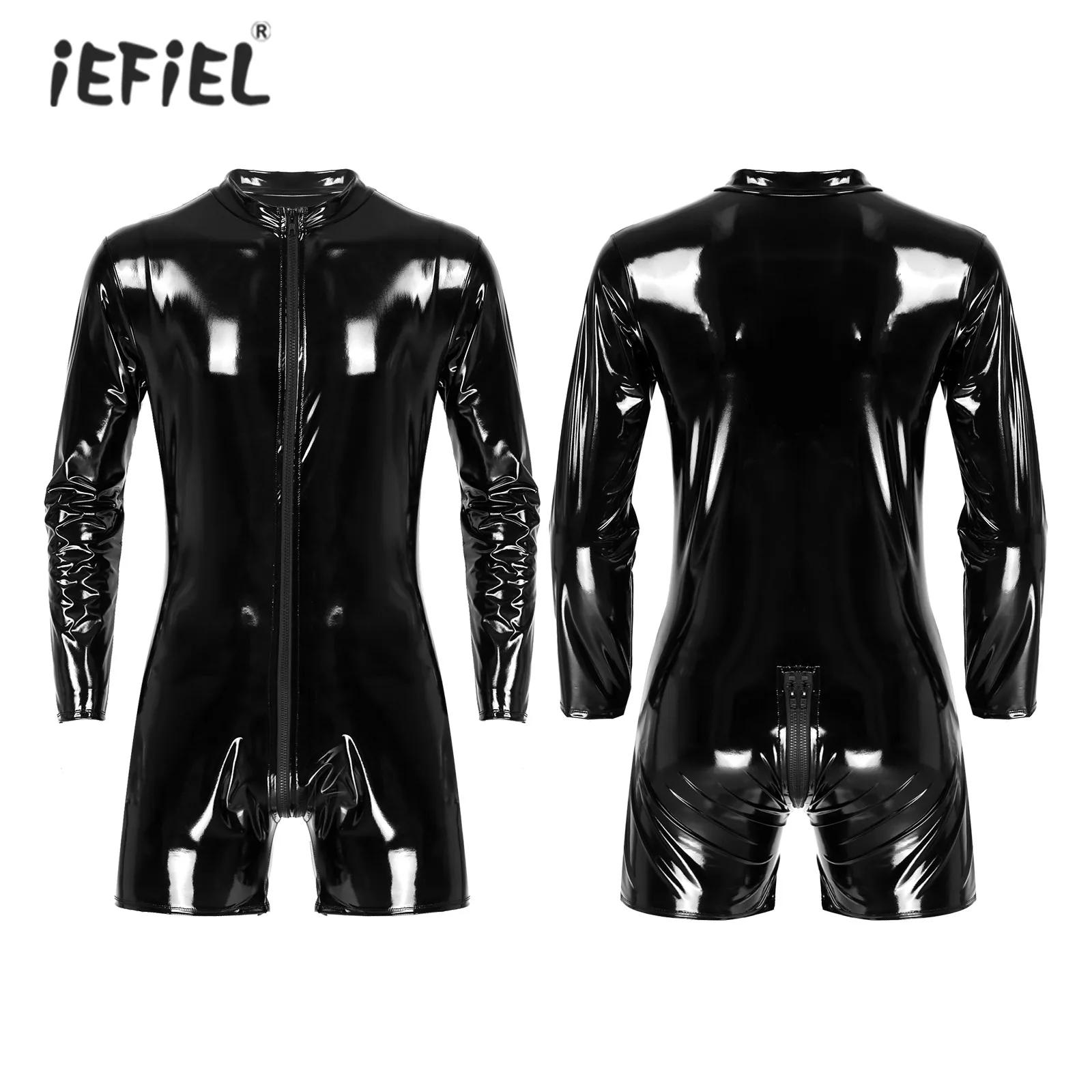 Mens Wetlook Patent Leather Leotard Latex Mock Neck Zipper Jumpsuit Long Sleeve Bodysuit Party Nightclub Stage Show Clubwear