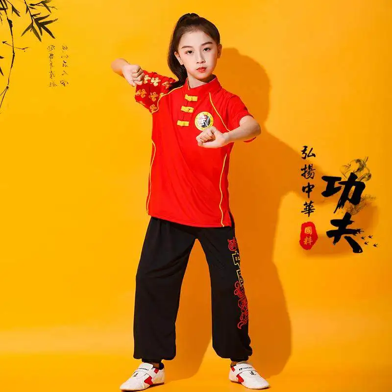 New Unisex Kids Breathable Soft Short Sleeve Martial Arts Tai Chi Performance Costume for Daily Training and Stage Show