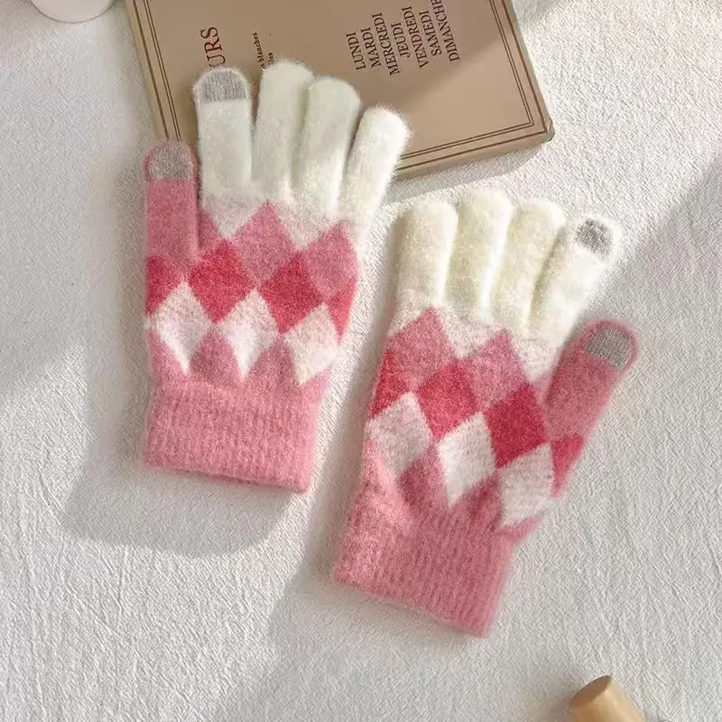 السيدات الشتاء لمس قفازات الماس منقوشة أصابع كتلة اللون الدافئة قفازات محبوكة قفازات زوجين أنيقة للطلاب #4