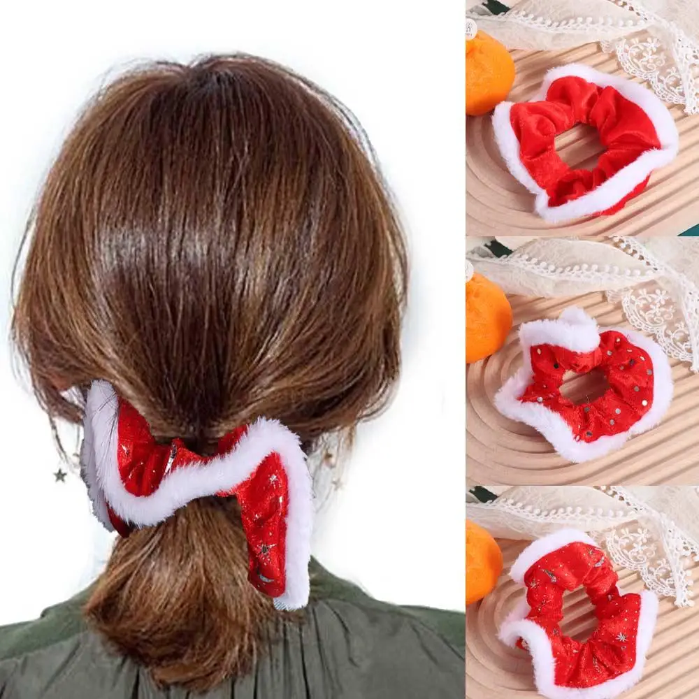 

Velvet Plush Christmas Hair Rope Snow Ponytail Holder New Year Hair Scrunchies Glitter Red& White Women Hair Ring