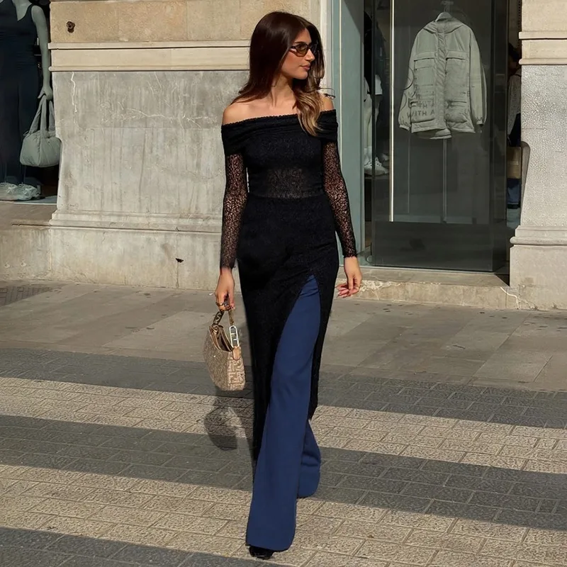 2025 outono novo atacado roupas femininas sexy recorte transparente de um ombro magro vestido de manga longa para mulher