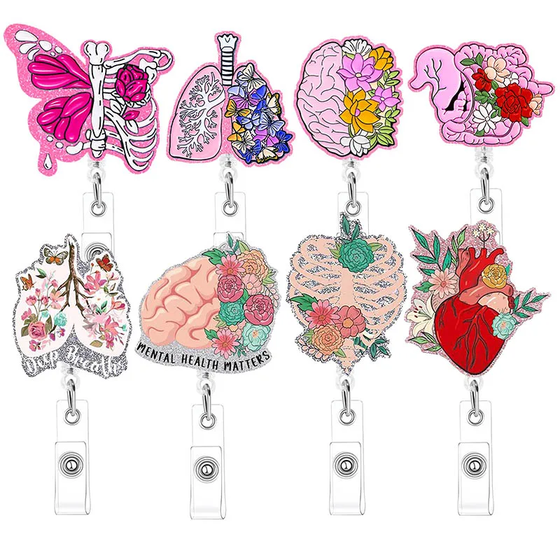 

Блестящие акриловые человеческие органы с цветами, катушка для бейджа, выдвижной держатель для бейджа с вращающимся на 360° зажимом типа «крокодил», держатель для имени