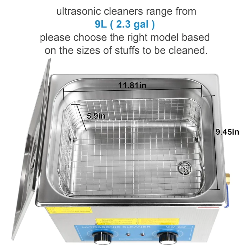 Kendal Commercial Grade 240watts 9L Ultrasonic Cleaner 40kHz with Knobs Timer&Heater Cleaning Machine, for Watch Instruments