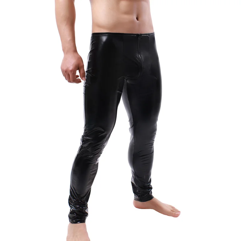 

Fashion Mens Motorcycle PU Leather Pants Party Nightclub Stage Skinny Pants Front Zip Trousers Black Night Dancewear Streetwear