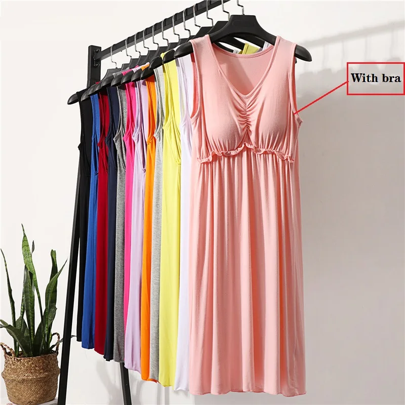 Summer Modal Sleeveless Long Dress Women Nightdress Oversize Elasticity Casual Loose V-neck Camisole Bottoming Dress with Bra