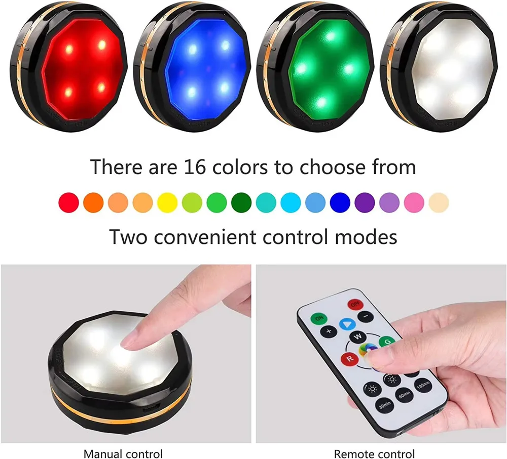 16 Colors Changeable LED Puck Lights With Remote Control Dimmable Under Cabinet Lights Rechargeable Closet Lights For Kitchen