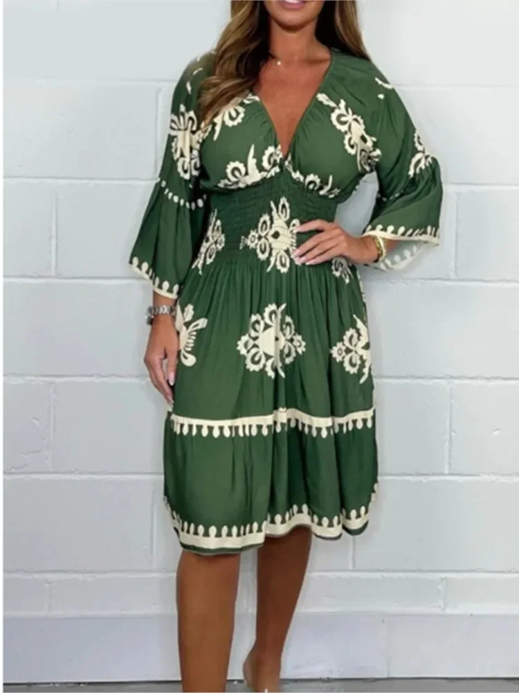 Summer Sexy V-neck Boho Dress Loose Half Sleeve Elastic High Waist A-line Midi Dresses for Women Fashion Beachdress Robe