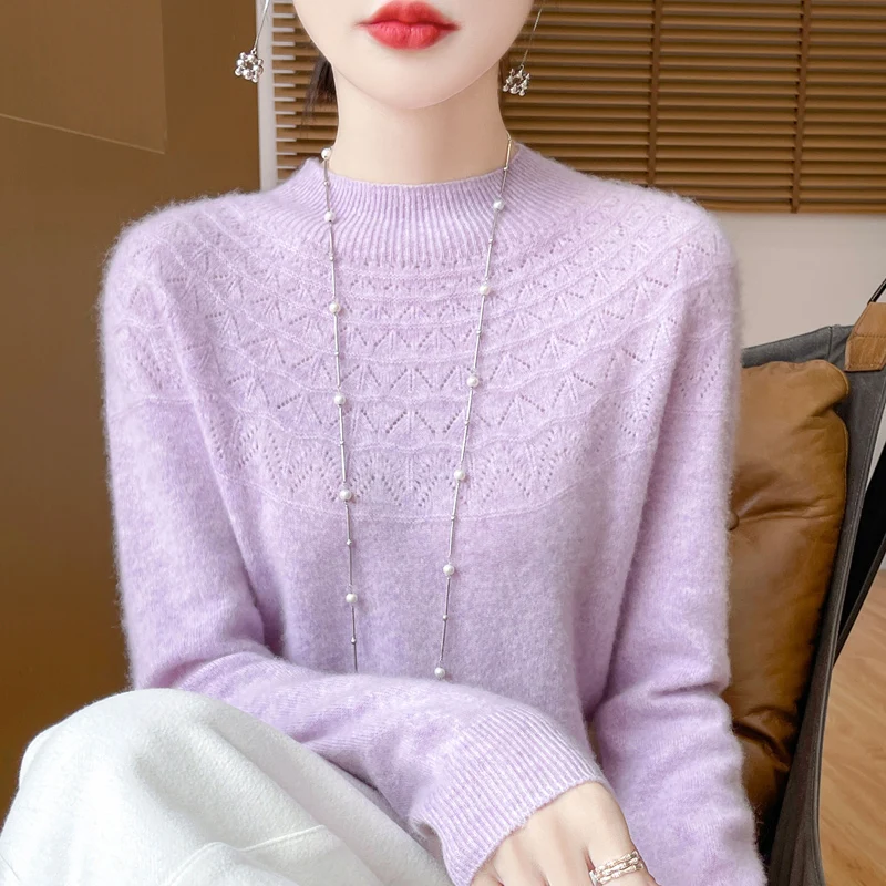 

Women's winter Semi High Neck Long Sleeved Hollow Wool Pullover Loose Solid Color Elegant And Warm 100% Merino Wool Knitted Top