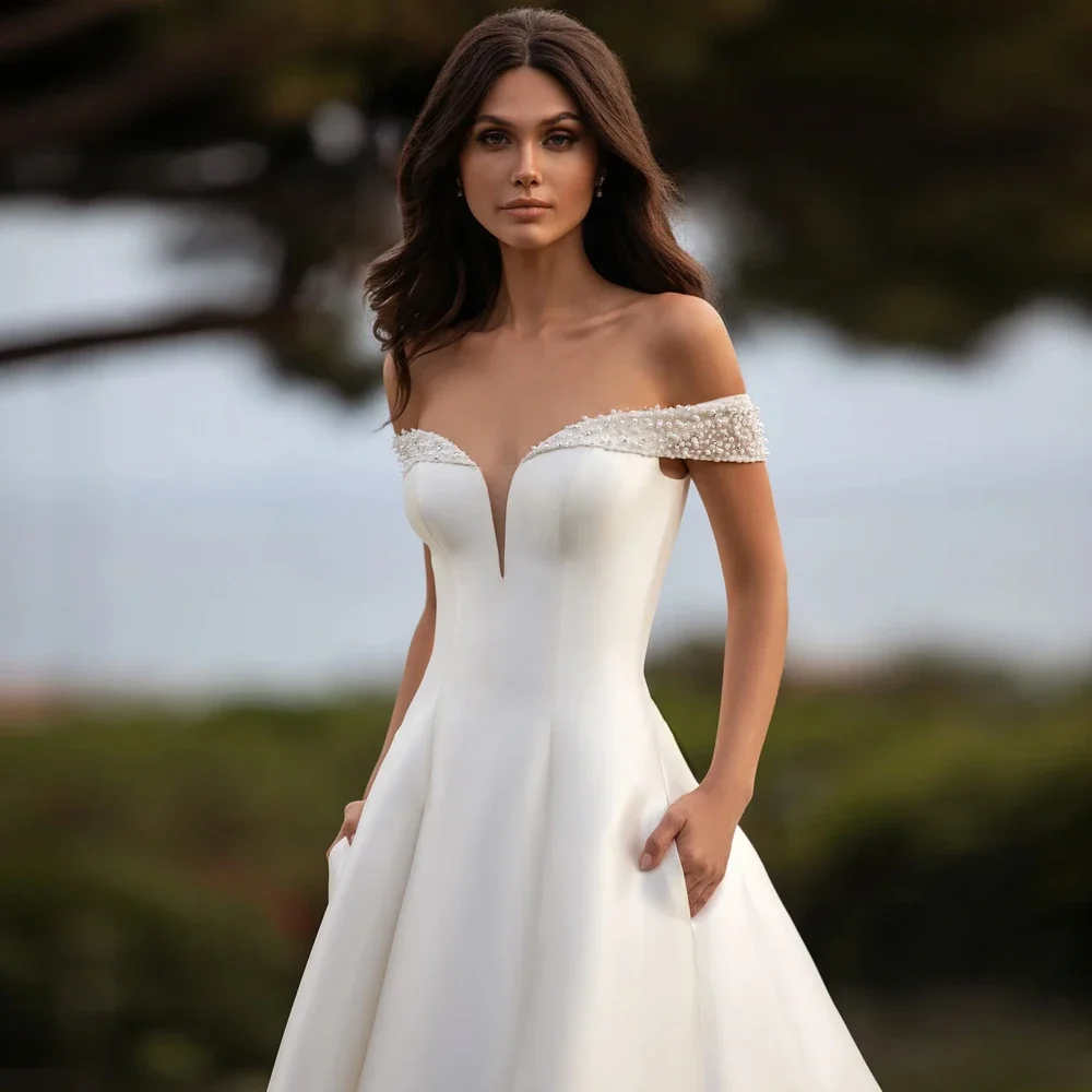 Nymphe personnalisé Simple bretelles robes De mariée hors épaule col en V mariée cultivée longueur De plancher une ligne robes De Novia