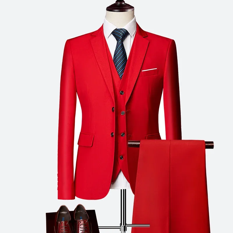 

Luxury 3 piece men's wedding suit fashion men's slim solid color business office suit sets large size men Blazer+ pants + vest