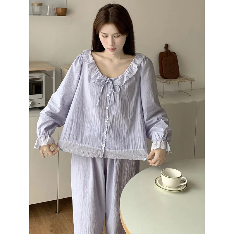 Lace Sleepwear Women Pajama Sets Piiama Korean Autumn Pants Sets 2 Pieces Purple Long Sleeve Night Wears Button Home Suit New