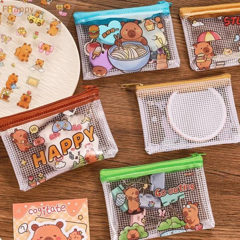 2 個かわいいカピバラコイン収納袋透明メッシュジッパー小銭入れ漫画財布ポータブル防水クリアバッグギフト