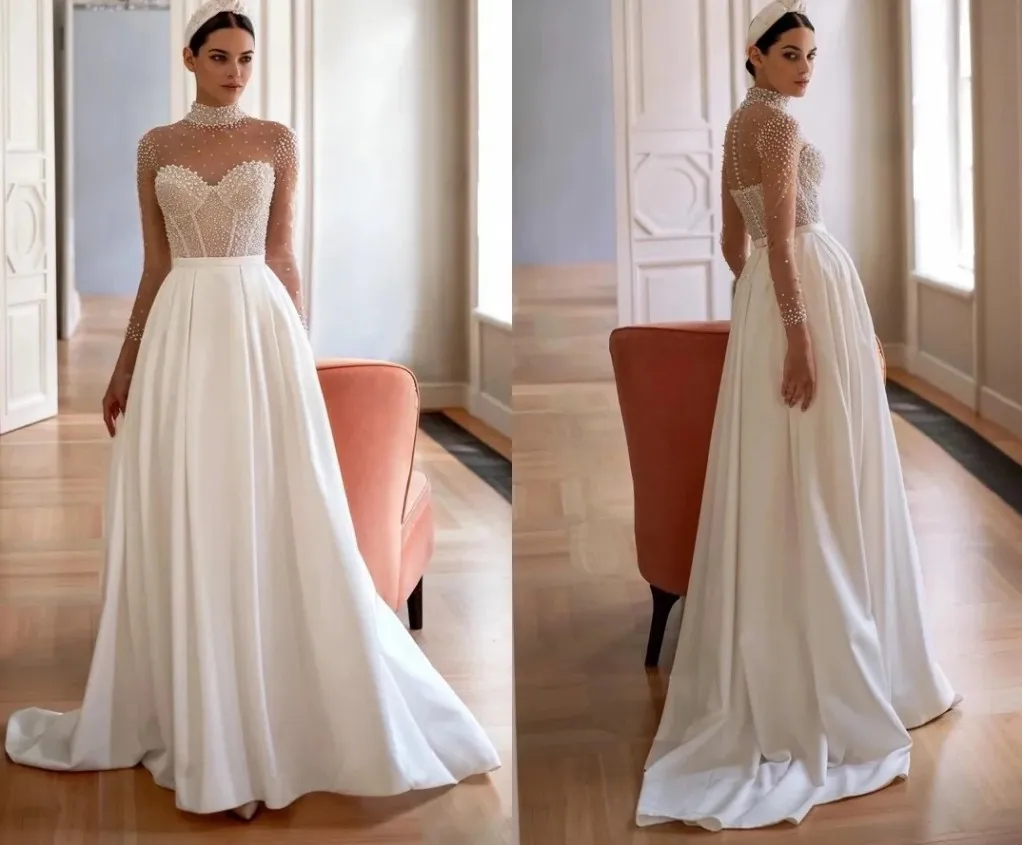 

Classic Wedding Dress 2026 High Neck Beaded Pealrs Long Sleeves Satin Bridal Bride Gown Vestido de Noiva Robe Mariage
