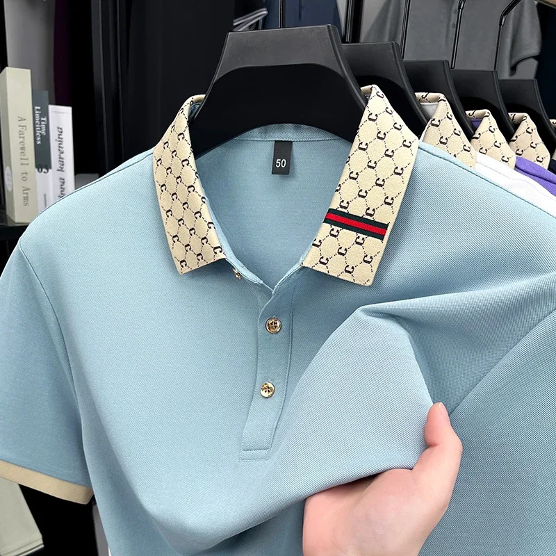 Camiseta de Lujo para Hombre 2025, Cuello Jacquard de Alta Gama, Transpirable, Estilo Casual de Negocios, Ideal para Primavera y Verano